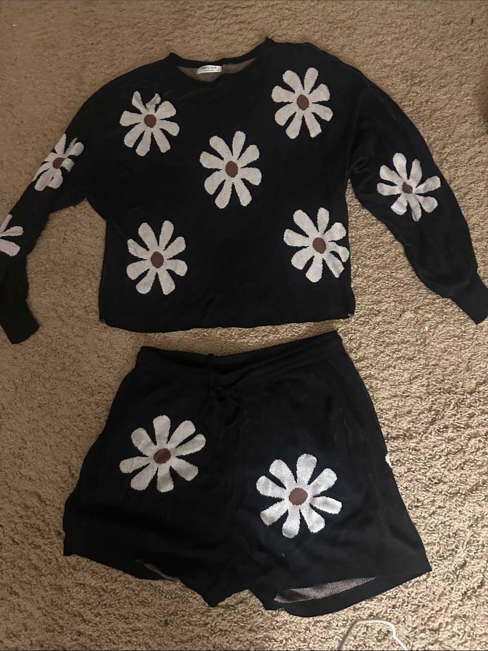 Black Daisy Knit Top and Shorts Set